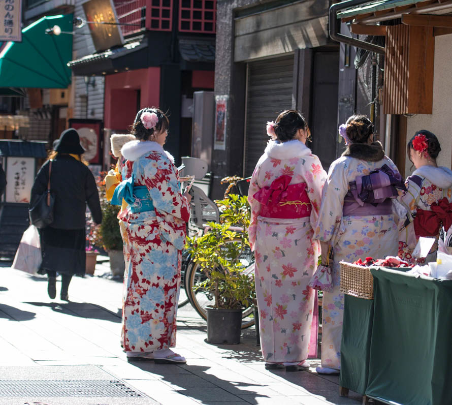Young Japanese woman dressed in Kimono walking in market, with back to camera, Asakusa, Japan