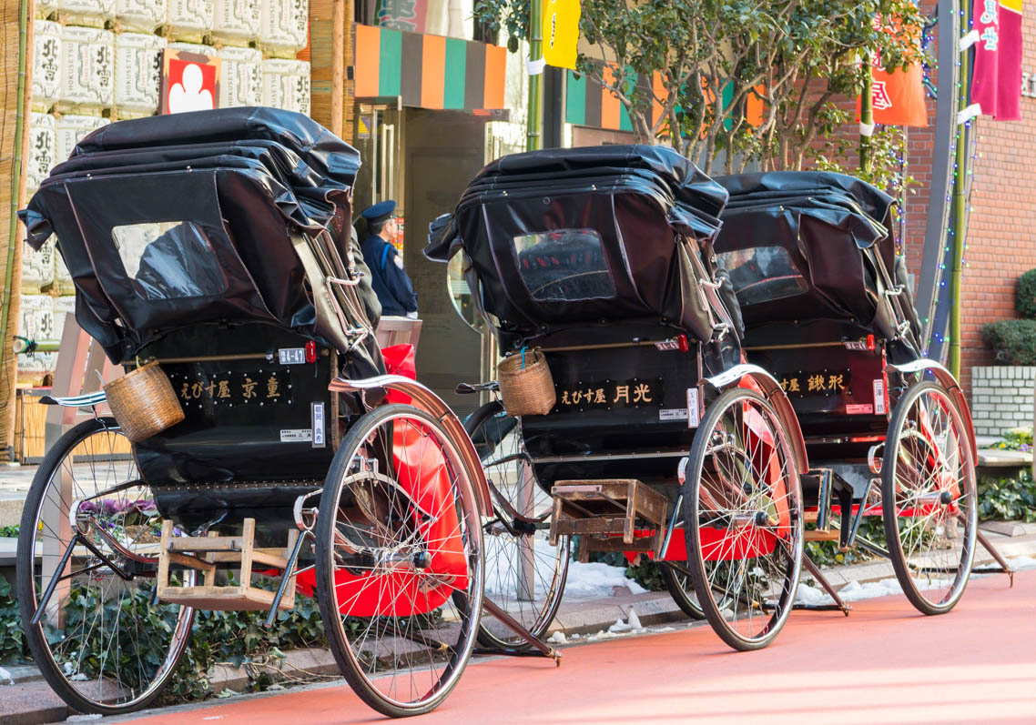 Japanese rickshaws in the traditional neighbourhood of Asakusa in Tokyo, 2018
